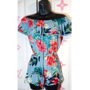 TROPICAL PRINT OFF SHOULDER ROMPER BY DEREK HEART SIZE SMALL